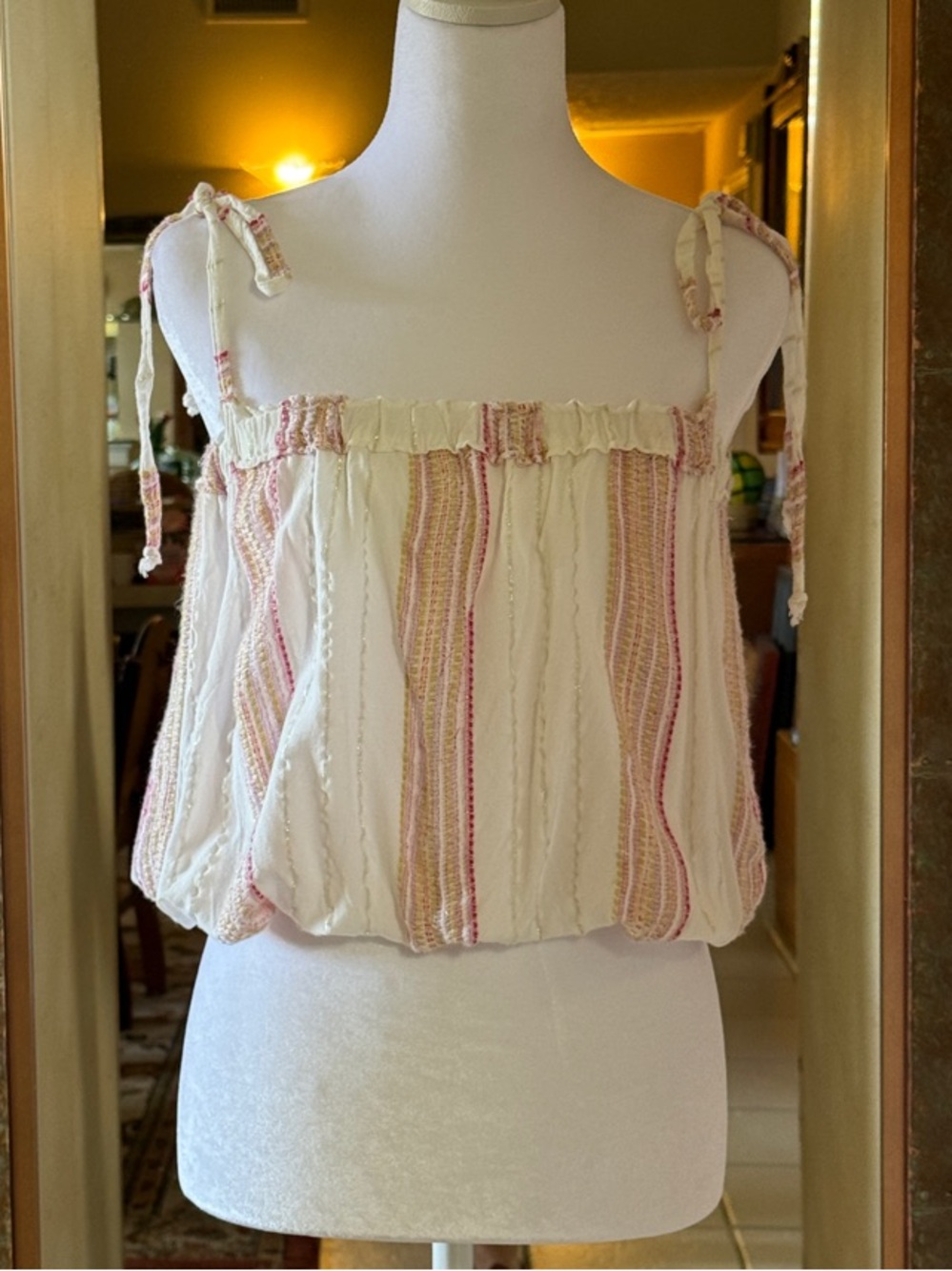 Elan Cream Top with Pink and Tan Stripes Tie-Shoulder Camisole